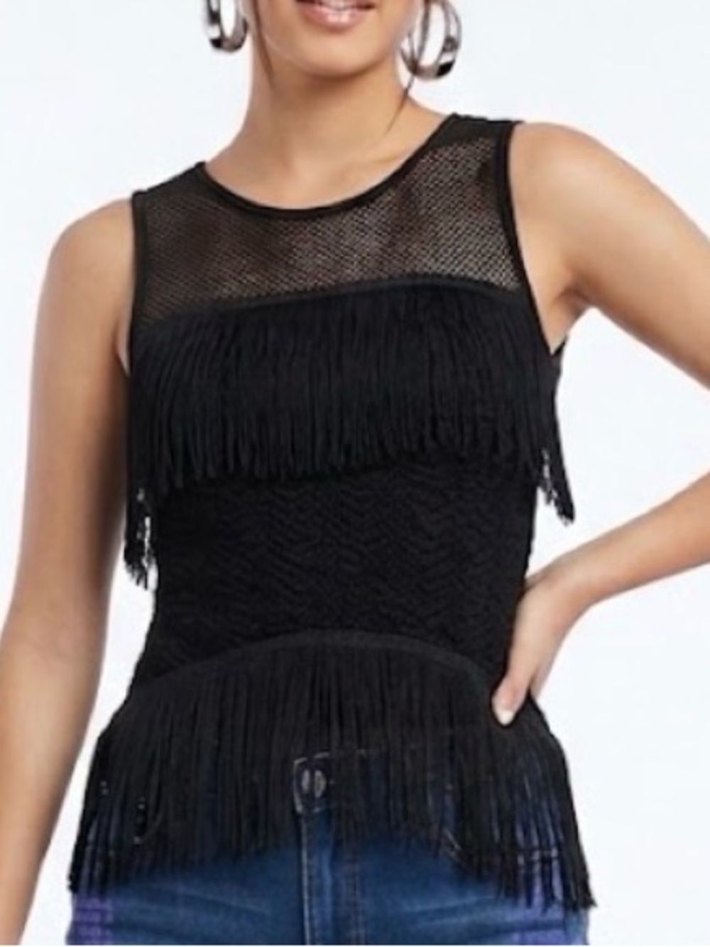 Bebe Black Fishnet Mesh Tiered Fringe Tank Y2K Peplum Style Top Size XS